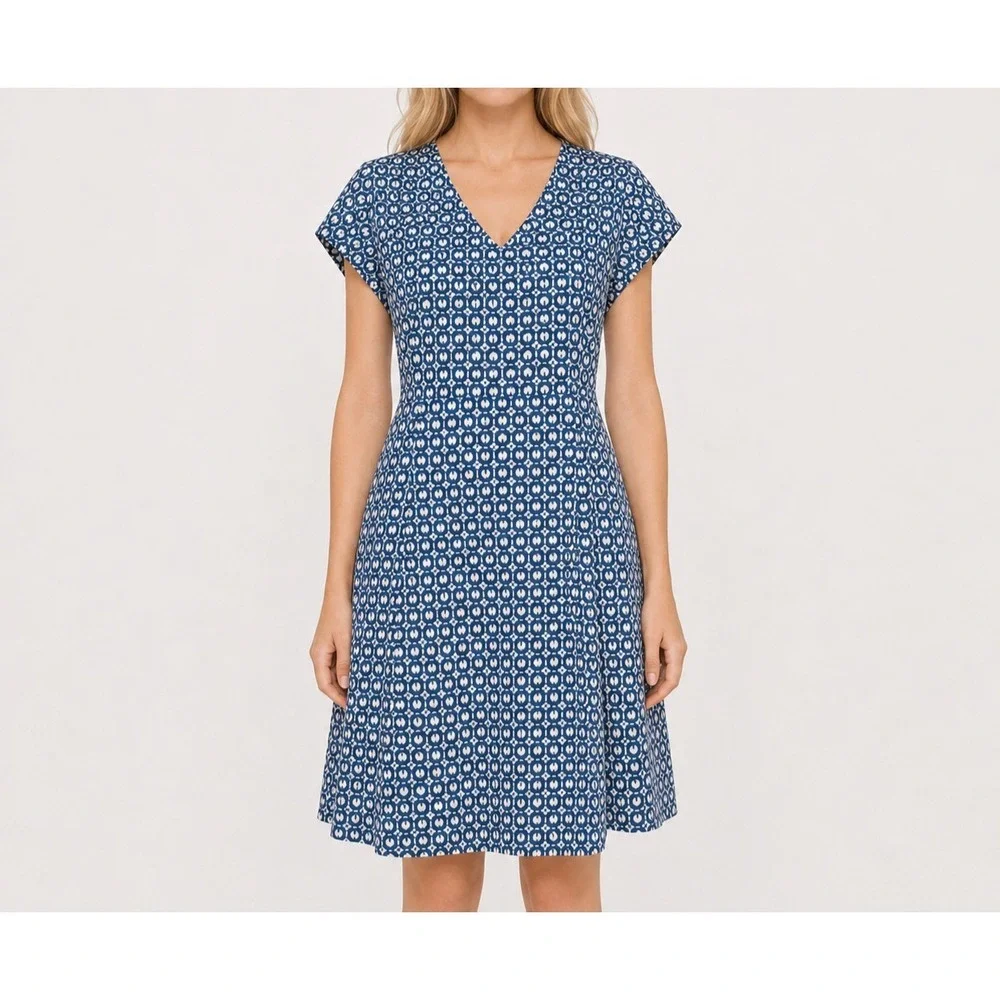 L. L. Bean Blue Geometric Shift Dress Hamptons Coastal Cotton Blend Size Small